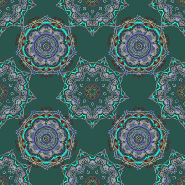 Yeşil arka planda çok renkli elementlere sahip pürüzsüz desen. Noel kartları, dekorasyon, menüler, ağ, afişler ve şarap ve tatillerle ilgili tasarımlar için iyidir. Vektör illüstrasyonu.