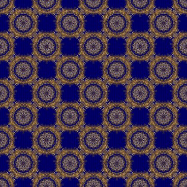 Raster illüstrasyonu. Mavi arka planda altın elementlerle kusursuz bir desen. Noel kartları, dekorasyon, menüler, ağ, afişler ve şarap ve tatillerle ilgili tasarımlar için iyidir..