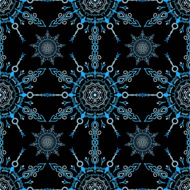 Vektör çizimi. Damask mavi renklerle renksiz çiçek arkaplan deseni.