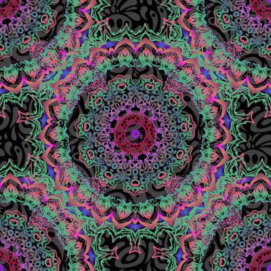 Pembe, mor ve kırmızı gradyanlı klasik dikişsiz desen. Siyah arkaplan üzerine karışık vektör dekorlu zarif bir davetiye kartı..