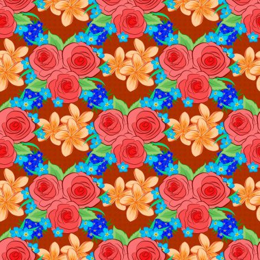 Pembe, turuncu ve mavi renklerde, çiçeksiz modern aromalı desen. Çiçek izi. Tekrarlayan vektör gül çiçekleri ve yeşil yapraklar deseni.