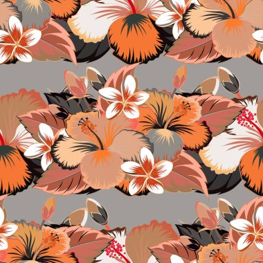 Çiçeksel vektör pürüzsüz desen. Vektör çizimi. Pembe, bej ve turuncu çiçek desenli tropik çiçek deseni..