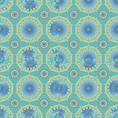 Çiçek kiremitleri. Çok renkli tekstil izli mavi bckdrop, İspanyol süsü. Kusursuz desenli oryantal süs. İslam tasarımı.