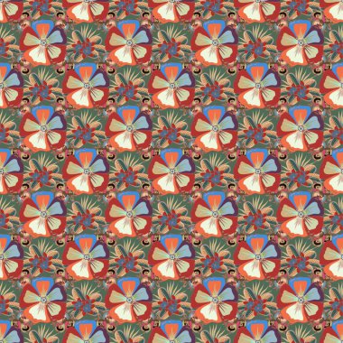 Kozmos çiçekleri ve yaprakları gri, mavi ve turuncu renklerde olan kusursuz çiçek deseni..