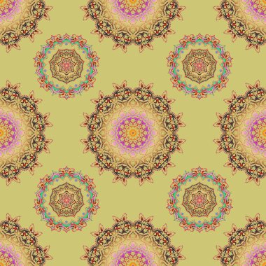 Duvar kağıtları, arka planlar, el ilanları ya da ambalaj kağıtları için desen. Şam süsü ile kusursuz desen. Tarafsız bir arkaplanda Arap tarzında kusursuz vektör çok renkli süslemesi.