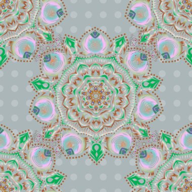 Tasarım daveti, baskı, kart, duvar kağıdı, tekstil veya kumaş için vektör baskısı. Motley süslemesi mor, yeşil ve gri renklerde kusursuz desen.