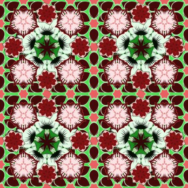 Geleneksel gotik damaske arka planı. Tebrik kartı, sunum veya düğün davetiyeleri için soyut arabesk arkaplanı. Yeşil, gri ve kırmızı arkaplansız çiçek süsleme deseni.