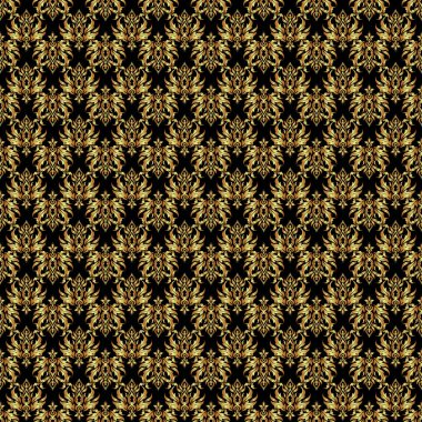 Altın süslemesiz desen. Tasarım daveti, kart, duvar kağıdı veya kumaş için siyah arkaplanda altın raster baskısı.