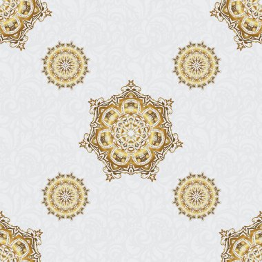 Geleneksel çiçek dekoru. Gri bir arka planda dekoratif altın pürüzsüz desen. Davetiyeler, tebrik kartları, ambalajlar için süs desenleri. Tasarım için vektör süsleme ögeleri.