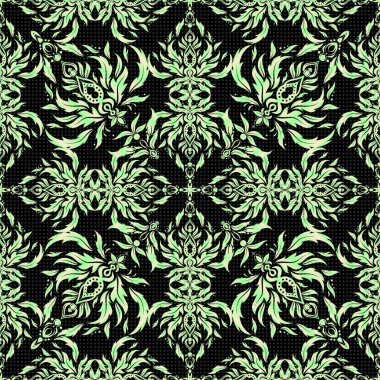 Siyah bir arkaplanda vektörsüz desen. Bej ve yeşil renklerde klasik tasarım. Damask zarif duvar kağıdı.