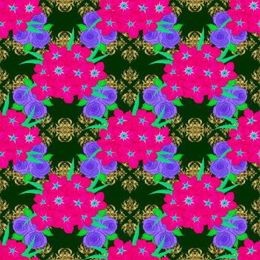 Mavi, mor ve morumsu renklerde çiçek motifleri olan soyut zerafet deseni. Dekoratif primula çiçekleri tekrar eden desenler. Raster illüstrasyonu.