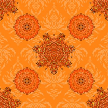 Şam, kırmızı, turuncu ve kahverengi renklerle kusursuz desen. Soyut çiçekli kraliyet duvar kağıdı. Vektör stili süs.