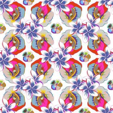 Haşhaş çiçekleri, yapraklar, dekoratif elementler, sıçramalar, lekeler ve beyaz bir arka plan üzerine düşüşü olan kusursuz bir çiçek deseni. El çizimi hatlar ve vuruşlar. Karalama çizim stili, el yapımı sanat.