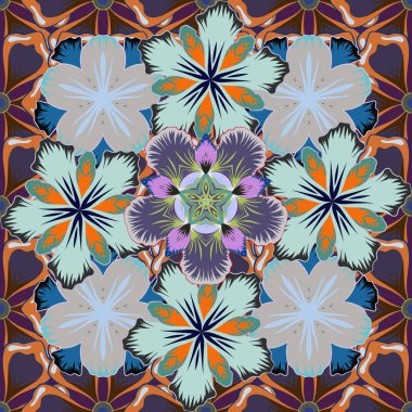 Turuncu, gri ve mor renklerde yapraklar ve tropikal çiçeklerle kusursuz bir arka plan deseni. Vektör illüstrasyonu.