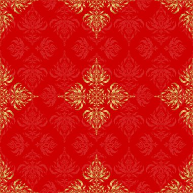 Klasik İspanyol kumaşı süsü. Altın ve kırmızı renklerde kusursuz çiçek seramikleri..