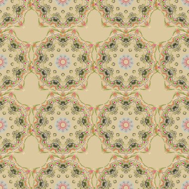 Dekoratif simetri arabesk. Ortaçağ kraliyet düzeni. Vektör çizimi. Yeşil, bej ve pembe pürüzsüz desenler doğum günü kartı, davetiye ya da pankart için iyidir.