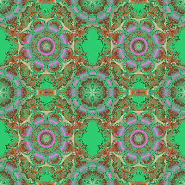 Dijital kağıt, tekstil baskısı, sayfa dolumu için kullanılabilir. Geleneksel Noel renklerinde kusursuz bir desen. Çok renkli geometrik süslemeli soyut yeşil arkaplan.