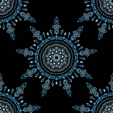 Grafiksel modern model. Kusursuz vektör arkaplanı. Arap tarzında soyut bir model. Siyah arkaplanda mavi doku.