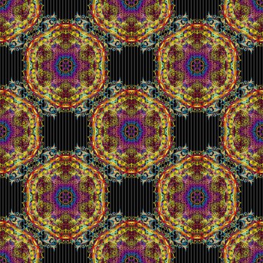 Süslü sınır. Vektör kusursuz desen. Kusursuz kumaş deseni, klasik duvar kağıdı, sarı, kahverengi ve mavi, siyah arka planda..