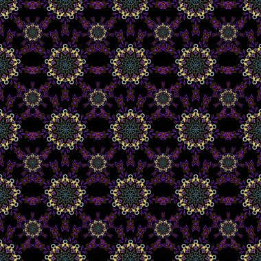 Damask, sarı ve gri renklerde kusursuz arkaplan deseni. Vektör illüstrasyonu.