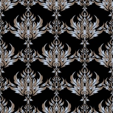 Kumaş baskısı, hatıra defteri, hediye paketi için. Siyah arkaplanda bej renkli vektörsüz vintage desen.