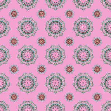 Vektör çizimi. Parlayan Çok Renkli Elementlerle Zarif Noel Arkaplanı. Pembe arka planda çok renkli, pürüzsüz bir desen..