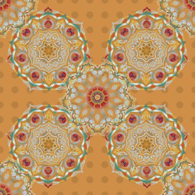 Ikat damaske desensiz arkaplan fayansı sarı ve kahverengi renklerde.