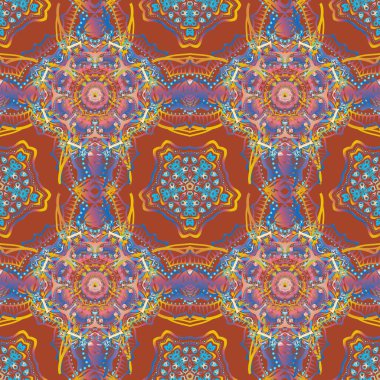 Kahverengi zemin çok renkli. Barok tarzında kusursuz desenli doğu süsü. Geleneksel klasik çok renkli vektör deseni.