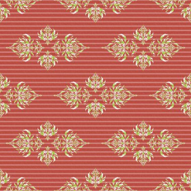 Vektör çizimi. Yeşil ve pembe renklerde. Ikat damaske desensiz arkaplan fayansı.