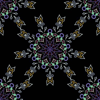 Çiçekli ve Mandala elementli zarif, pürüzsüz bir desen. Güzel nötr, yeşil ve menekşe el yapımı, pürüzsüz vektör çizimi.