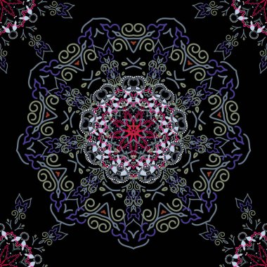 Kusursuz damaske deseni, klasik duvar kağıdı, mor ve morumsu arka planda. Süslü sınır. Vektörsüz desen.