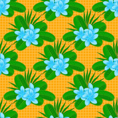 Plumeria çiçekleri sarı, mavi ve yeşil renklerde. Vektör illüstrasyonu.