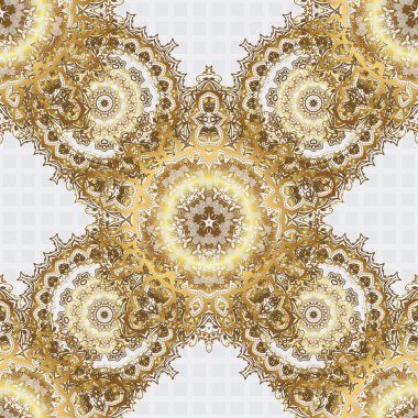 Kusursuz desenli oryantal süs. İslami vektör tasarımı Çiçek kiremitleri. Gri ve altın tekstil baskısı.