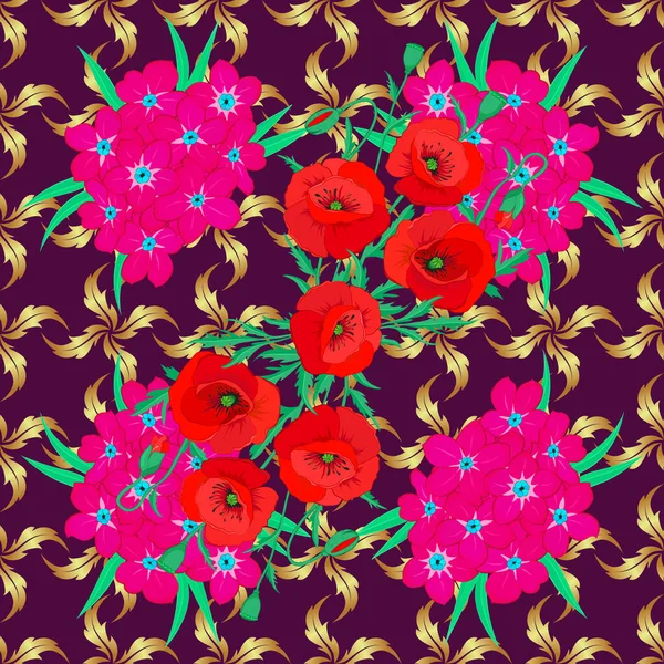 Měkký Akvarel Primula Květinový Potisk Bezešvý Vzor Fialové Fialové Červené — Stockový vektor