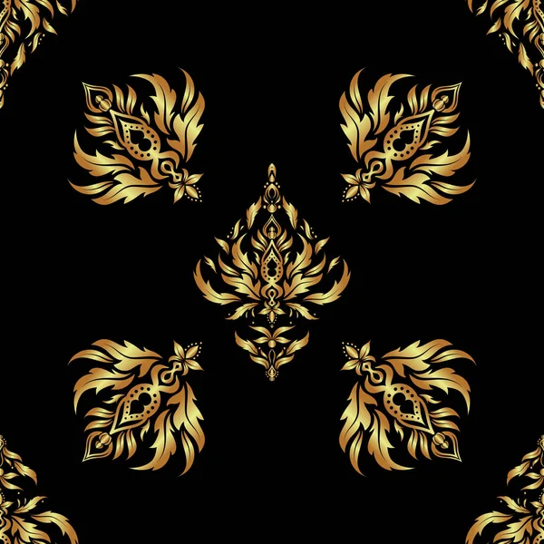 Motivo Floral Dourado Sobre Fundo Preto Vector Brilho Texturizado Padrão — Vetor de Stock