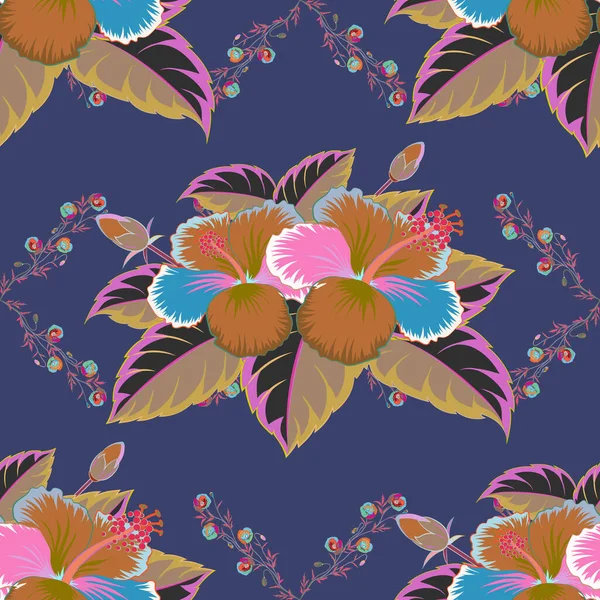 Vector Illustration Seamless Background Pattern Tropical Flowers Leaves Blue Pink — Stock Vector