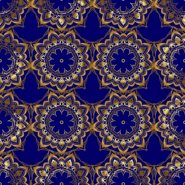 Vector Art Golden Mehndi Seamless Pattern Blue Backdrop Traditional Indian — Stock Vector