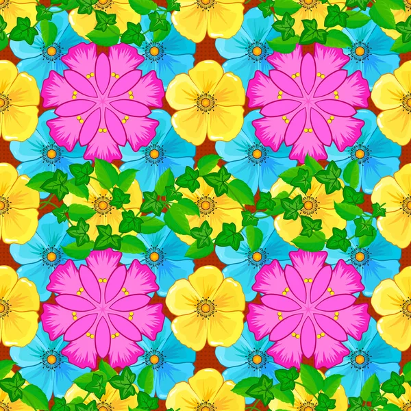 Seamless Pattern Cute Cosmos Flowers Green Yellow Blue Colors Vector — Stock Vector