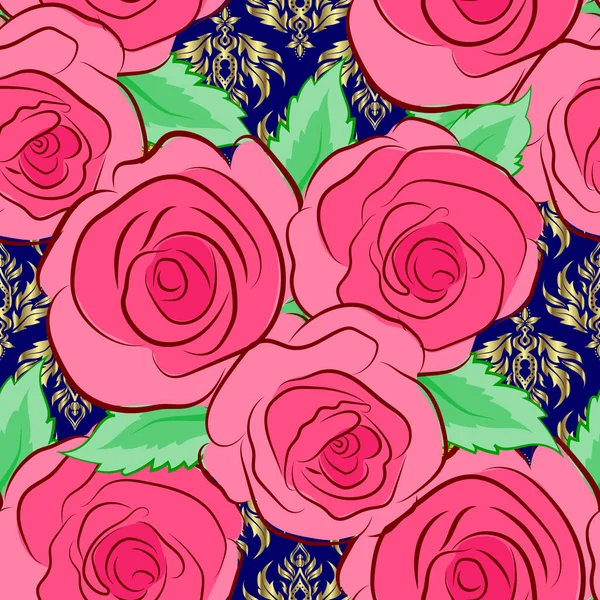 植物的背景 粉色和红色的无缝隙矢量图案 有可爱的玫瑰花和绿叶 — 图库矢量图片