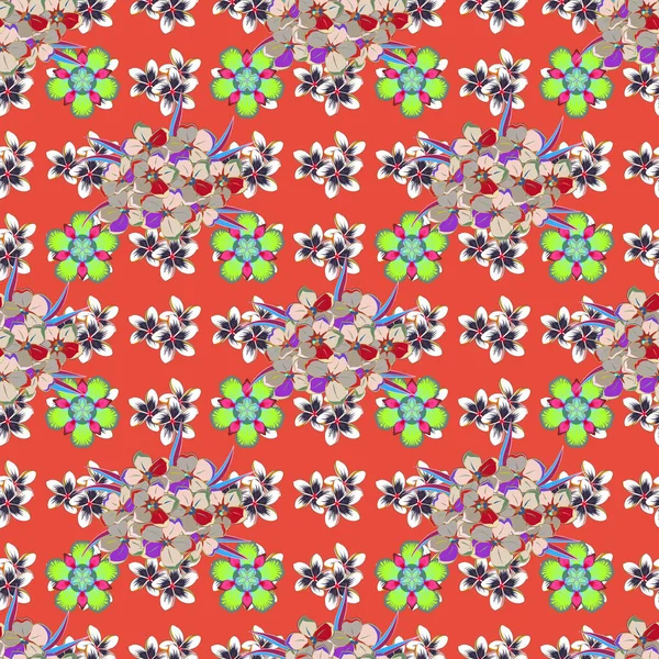 Bonito Estampado Floral Con Flores Pequeñas Verdes Violetas Rojas Patrón — Archivo Imágenes Vectoriales