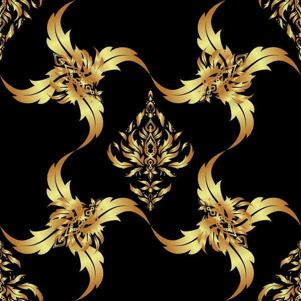 Adorno Lujo Estilo Oriental Patrón Floral Dorado Sin Costuras Negro — Archivo Imágenes Vectoriales