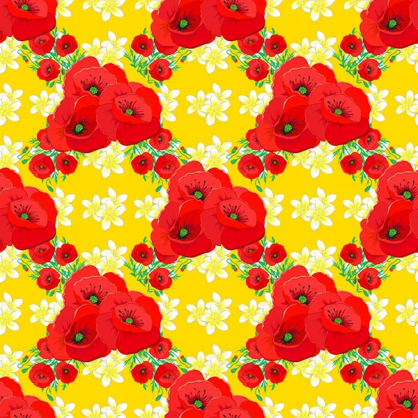 Seamless Background Pattern Decorative Poppy Flowers Leaves Yellow Background Vector — Stock Vector