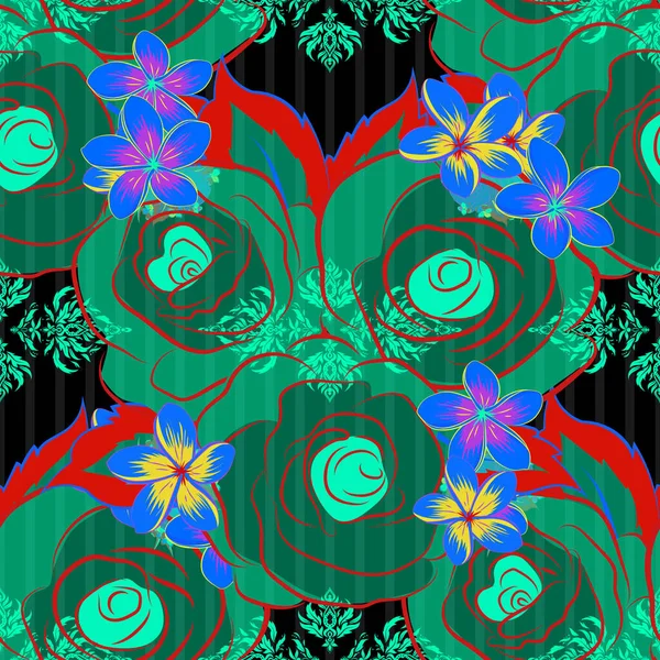 Nahtloses Muster Aus Stilisierten Roten Grünen Und Blauen Rosen — Stockvektor