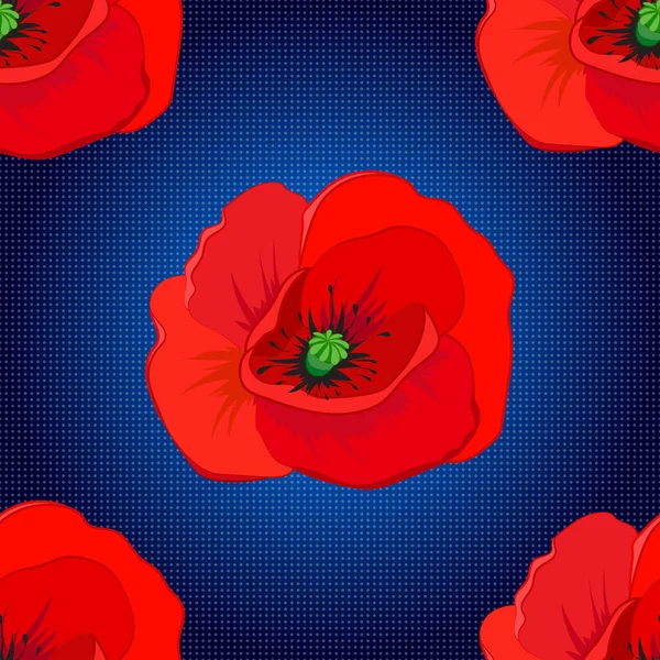 Vector Seamless Background Pattern Stylized Poppy Flowers Leaves Blue Black — Stock Vector