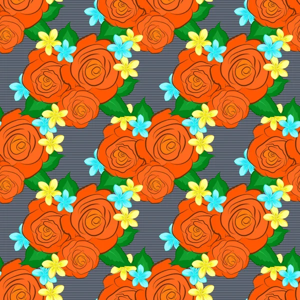 かわいいバラの花や青 オレンジの色の緑の葉とシームレスなパターン ベクターイラスト — ストックベクタ