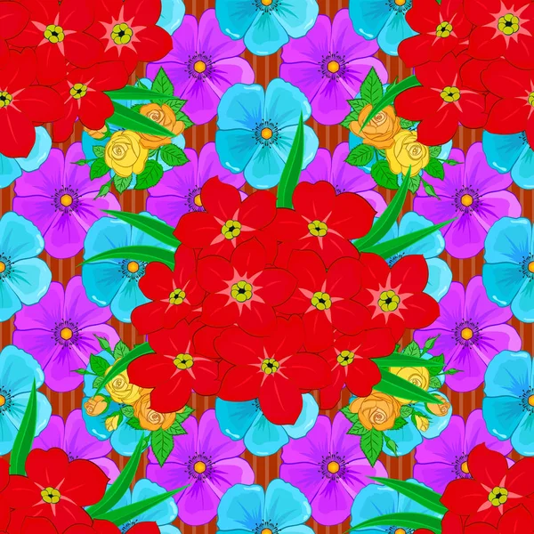 Impression Florale Vectorielle Rouge Violet Bleu Mignon Motif Fleurs Onagre — Image vectorielle