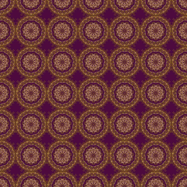 招待状 グリーティングカード ラッピングのための装飾的なパターン 伝統的な花の装飾 紫色の背景に装飾的な黄金のシームレスなパターン デザインのための要素 — ストックベクタ