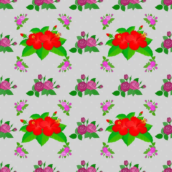 Hibiskusblüten Mit Nahtlosem Muster Auf Grauem Hintergrund Netter Vektor Blumiger — Stockvektor