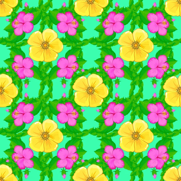 Χειροποίητη Απεικόνιση Ιβίσκου Πράσινο Φόντο Τροπικά Φύλλα Και Λουλούδια Χωρίς — Διανυσματικό Αρχείο