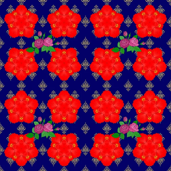 Patrón Floral Tradicional Indio Sin Costuras Colores Rojo Azul — Vector de stock